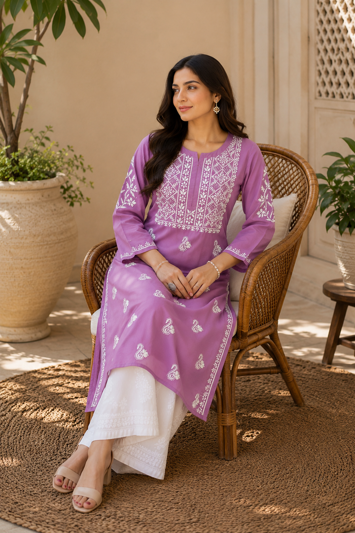 Nora Premium Modal Chikankari Solid Women's Kurta - Mauve