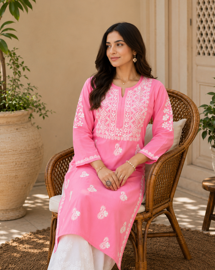 Nora Premium Modal Chikankari Solid Women's Kurta - Pink