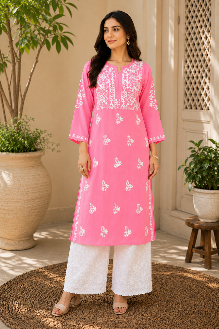 Nora Premium Modal Chikankari Solid Women's Kurta - Pink