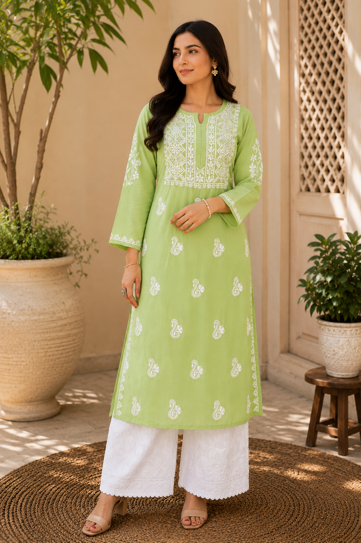 Nora Premium Modal Chikankari Solid Women's Kurta - Pista