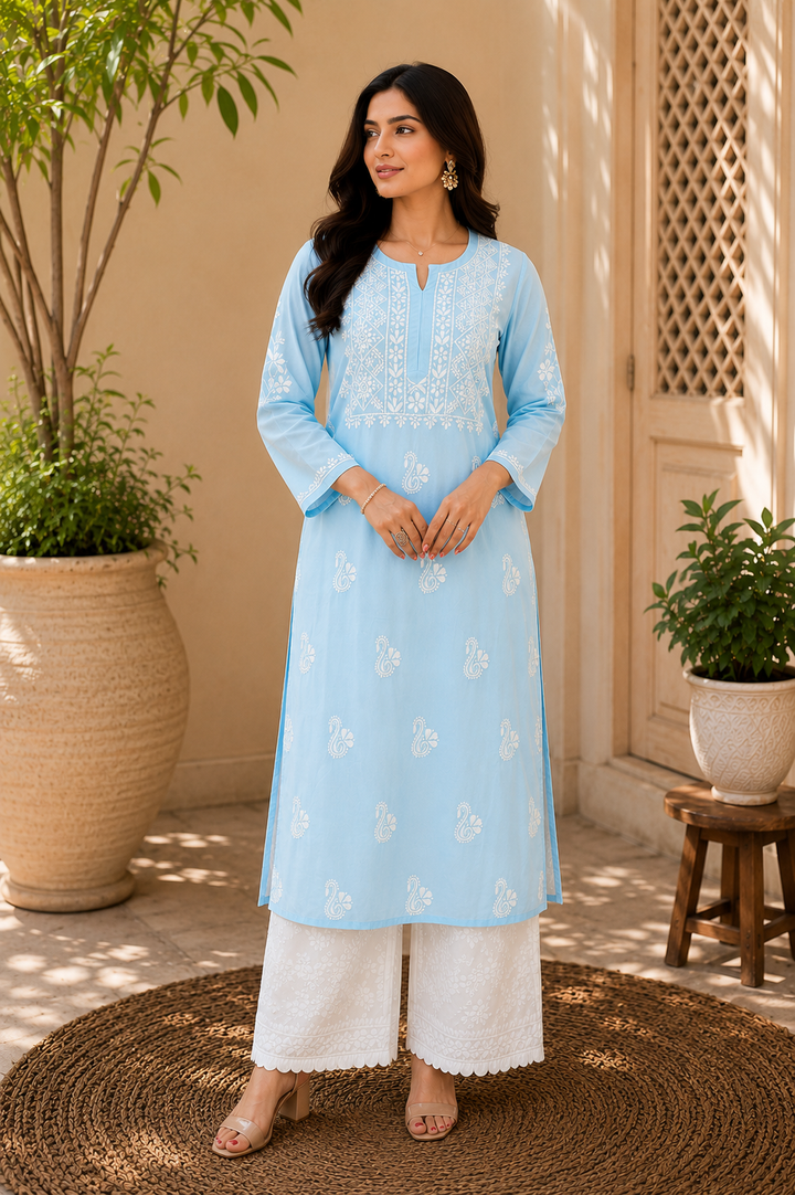Nora Premium Modal Chikankari Solid Women's Kurta - Sky