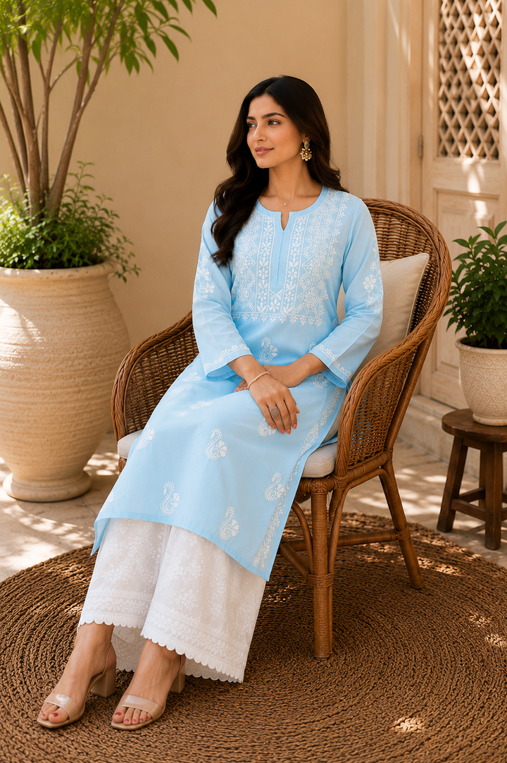 Nora Premium Modal Chikankari Solid Women's Kurta - Sky