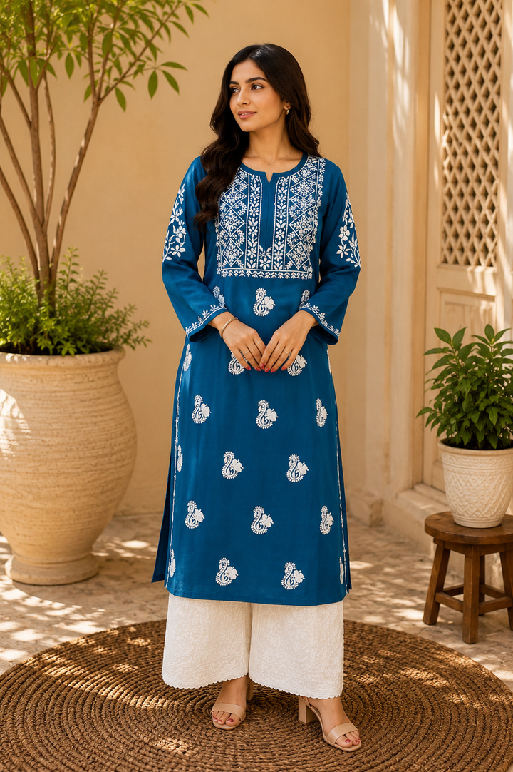 Nora Premium Modal Chikankari Solid Women's Kurta - Teal Blue