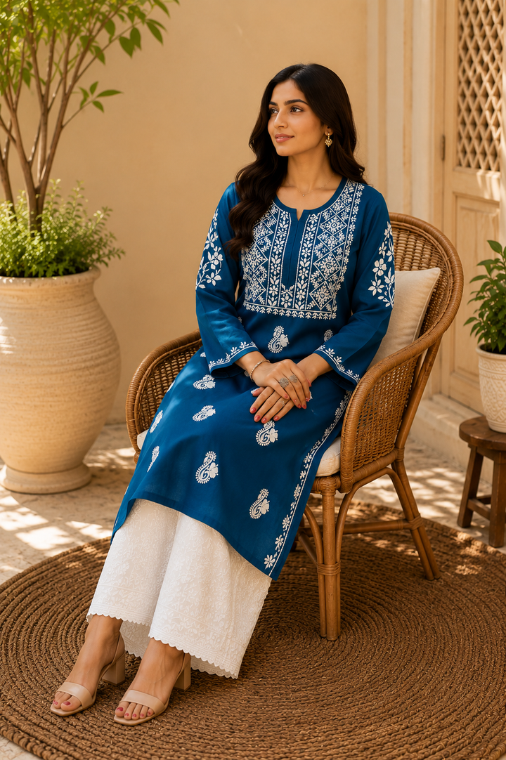 Nora Premium Modal Chikankari Solid Women's Kurta - Teal Blue
