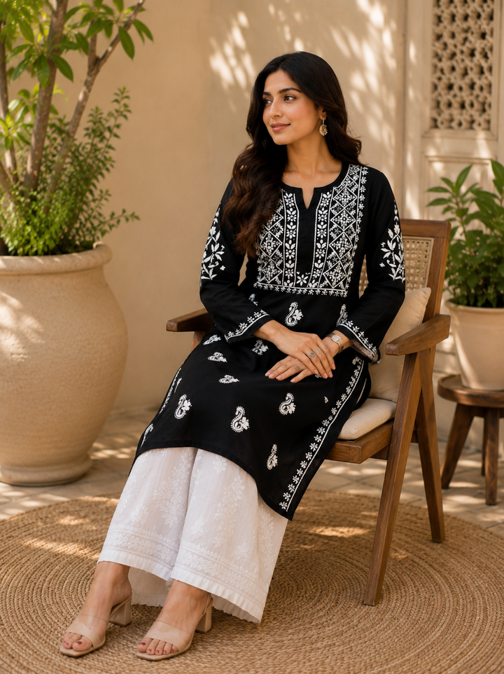 Nora Premium Modal Chikankari Solid Women's Kurta - Black