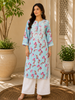Dvita Mulmul Chikankari Floral Women's Long Kurta - Sky
