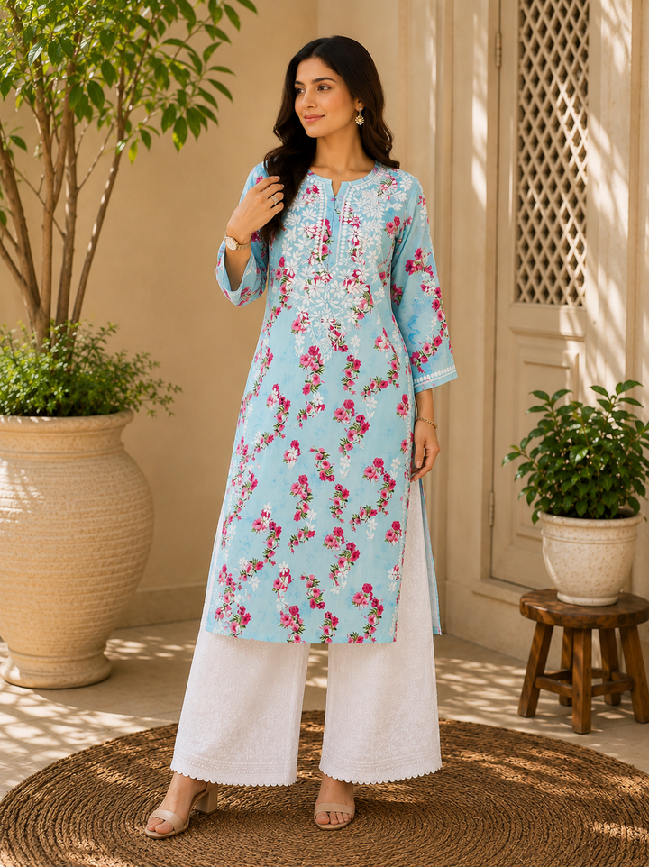 Dvita Mulmul Chikankari Floral Women's Long Kurta - Sky