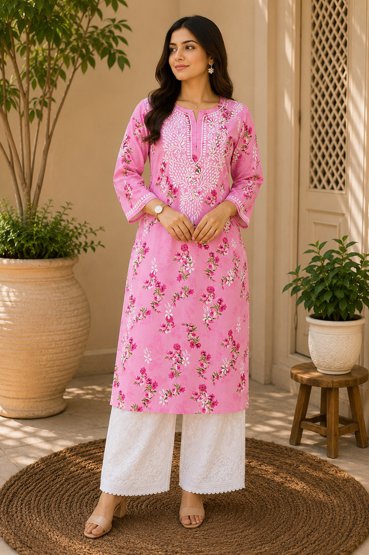 Dvita Mulmul Chikankari Floral Women's Long Kurta - Pink