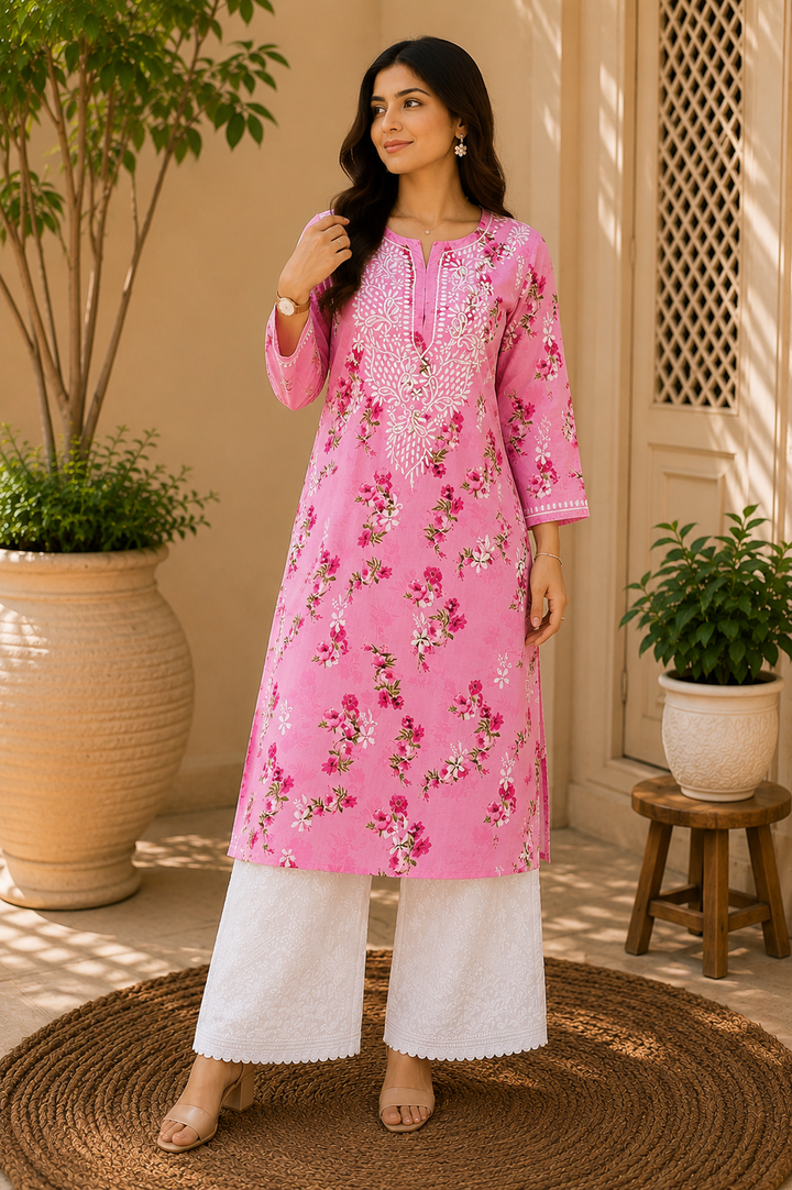Dvita Mulmul Chikankari Floral Women's Long Kurta - Pink