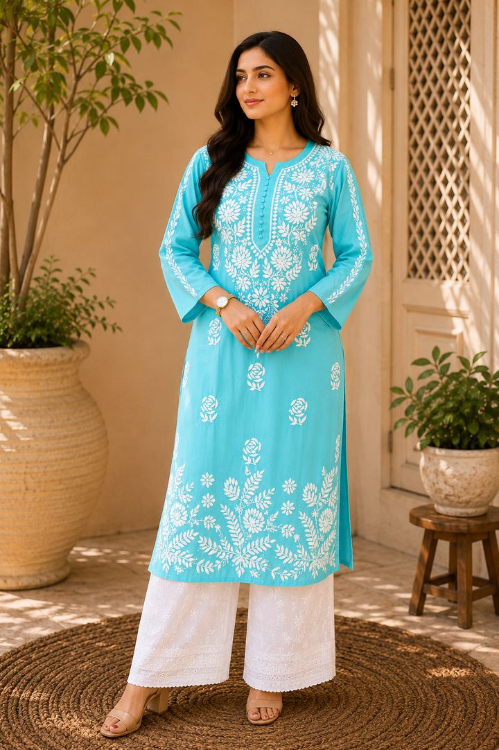Naaz Premium Modal Chikankari Women's Solid Long Kurta - Aqua