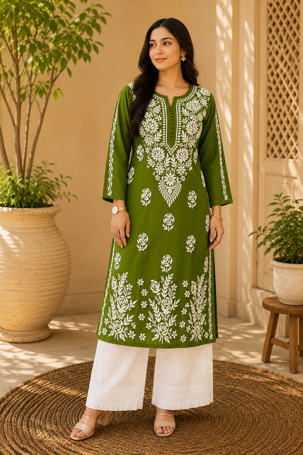 Naaz Premium Modal Chikankari Women's Solid Long Kurta - mahendi