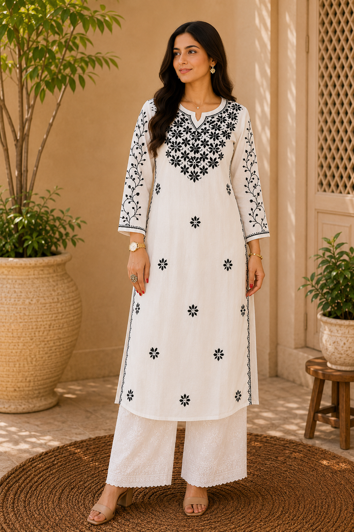 Clara Mulmul Cotton Chikankari Solid Women's Long Kurta - White
