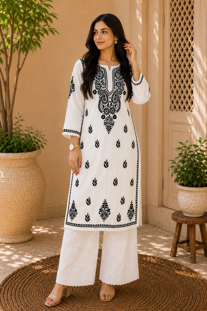 Weda Mulmul Cotton Chikankari Women's Solid Long Kurta - White