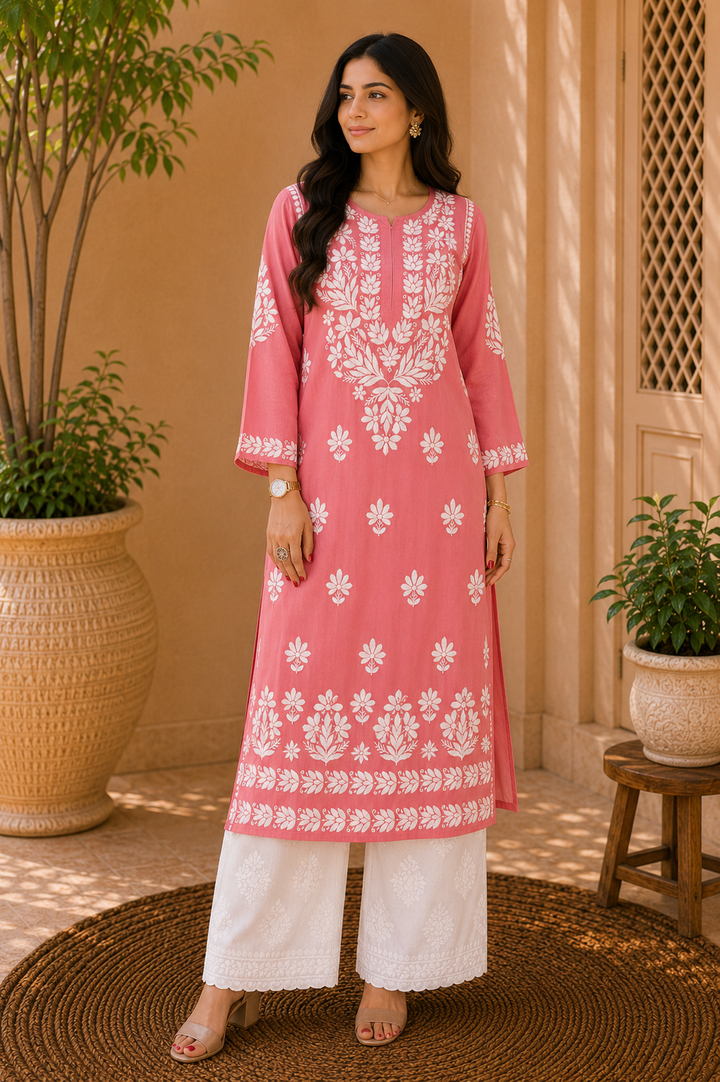 Natasha Premium Modal Chikankari Women's Solid Kurti - Onion Pink