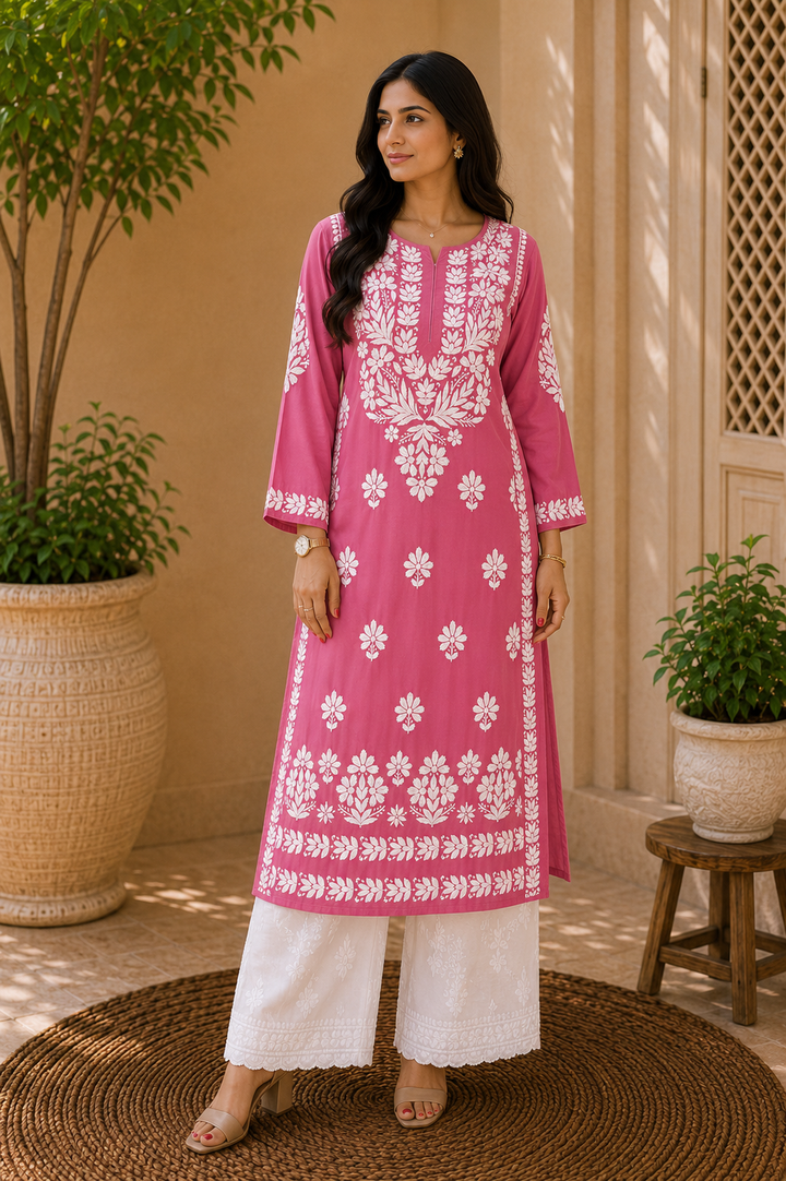 Natasha Premium Modal Chikankari Women's Solid Kurti - Dark Pink