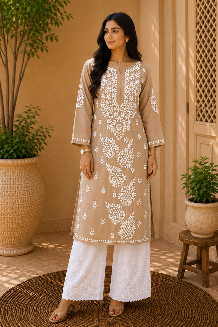 Esha Premium Modal Chikankari Solid Women's Kurta - Beige Brown