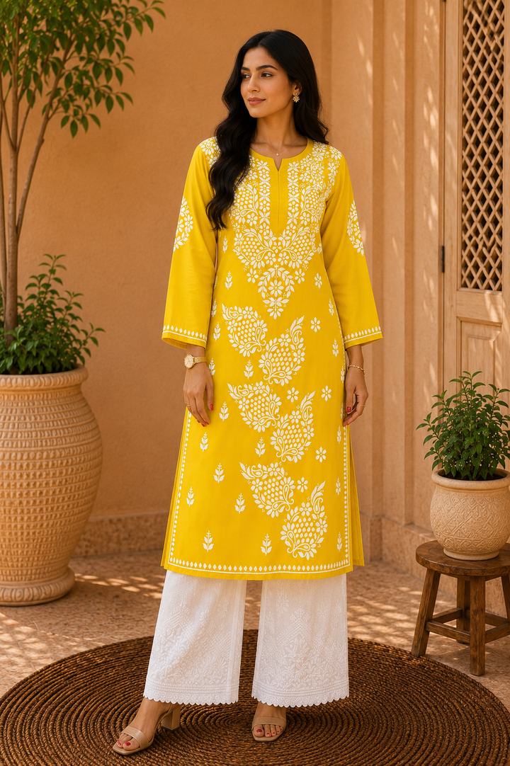 Esha Premium Modal Chikankari Solid Women's Kurta - Yellow