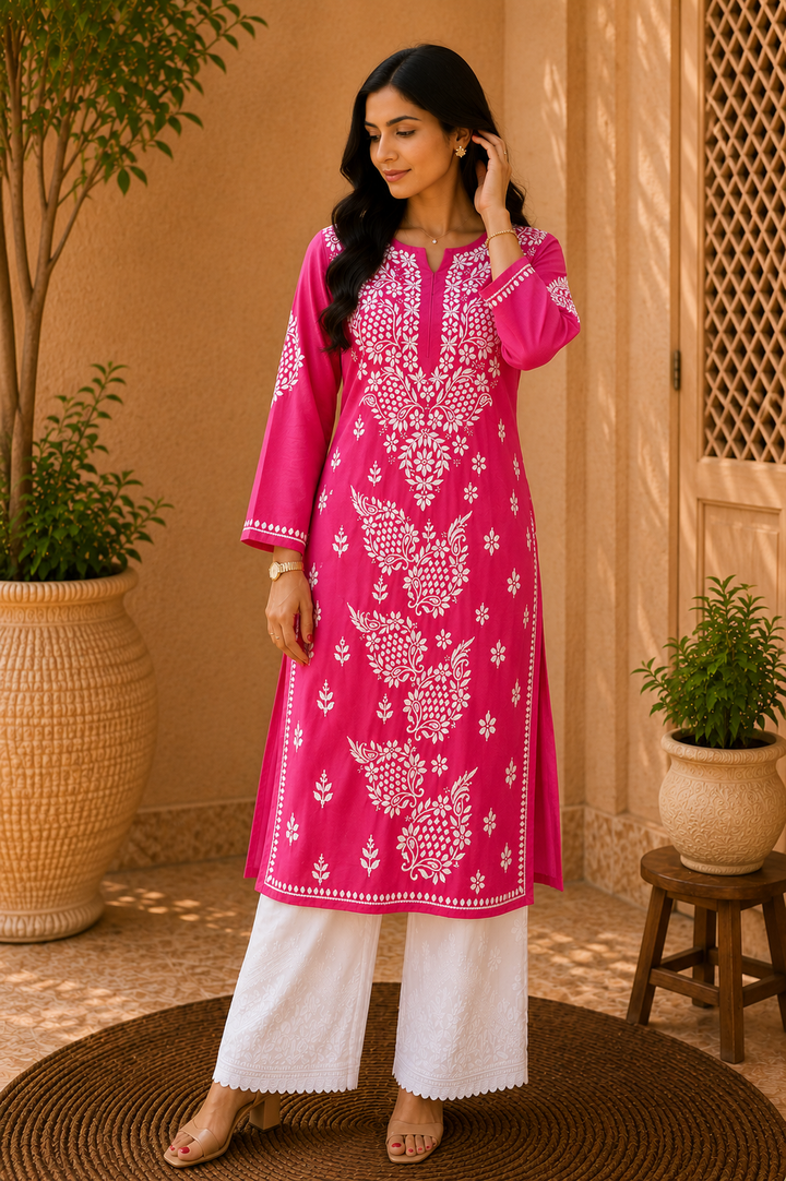 Esha Premium Modal Chikankari Solid Women's Kurta - Magenta