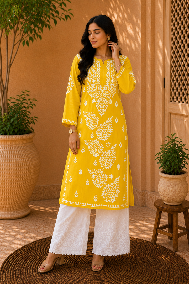Esha Premium Modal Chikankari Solid Women's Kurta - Yellow