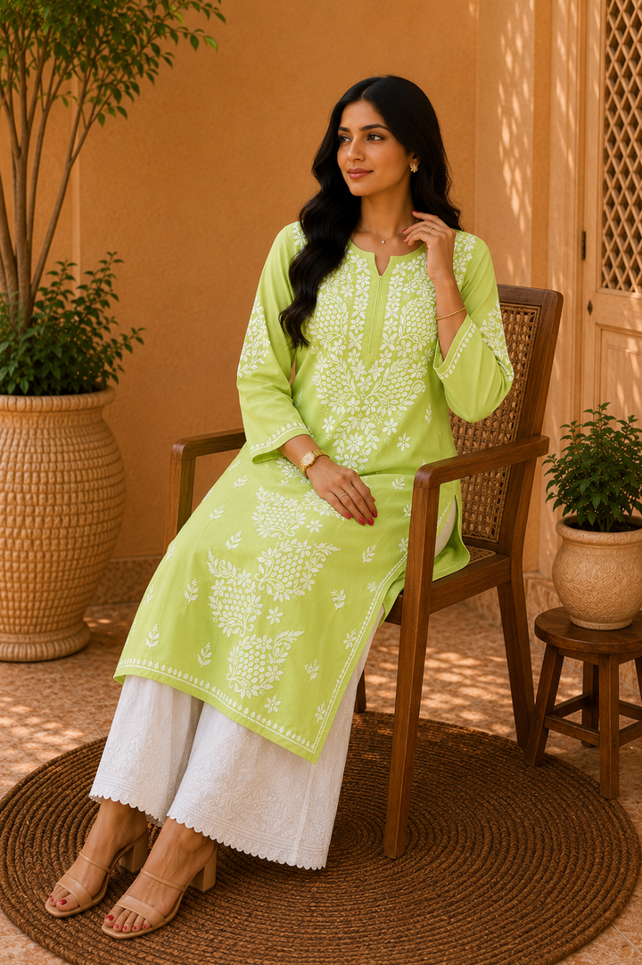 Esha Premium Modal Chikankari Solid Women's Kurta - Pista