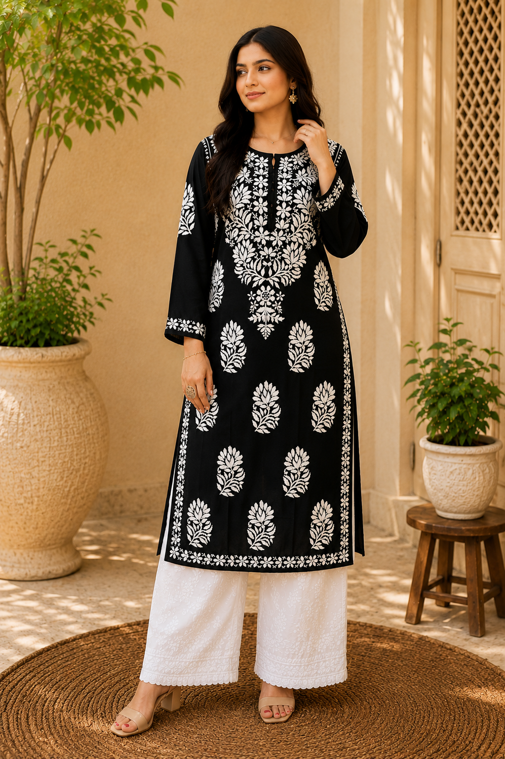 Kaira Modal Chikankari Hand Embroidered Women's Long Kurta - Black