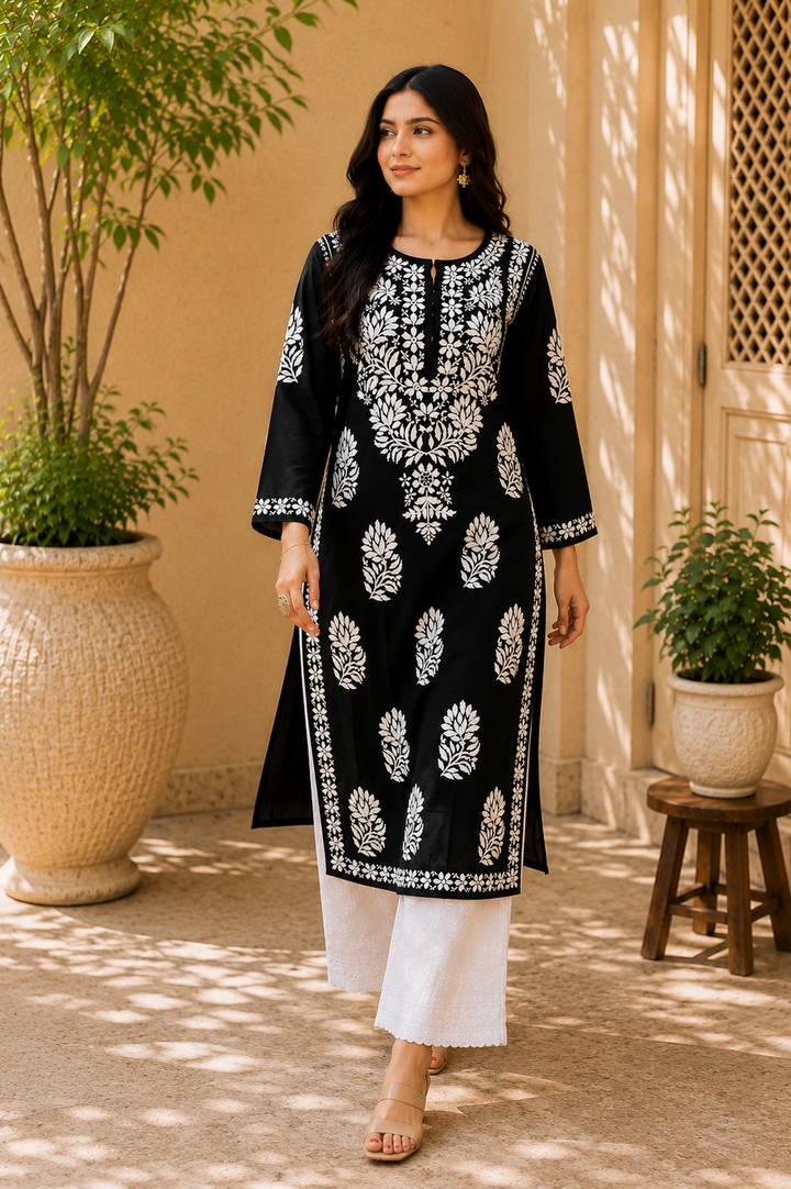 Kaira Modal Chikankari Hand Embroidered Women's Long Kurta - Black