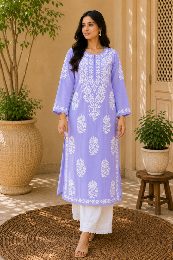 Kaira Modal Chikankari Hand Embroidered Women's Long Kurta - Lavender