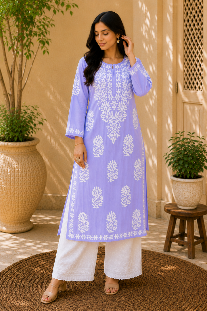 Kaira Modal Chikankari Hand Embroidered Women's Long Kurta - Lavender