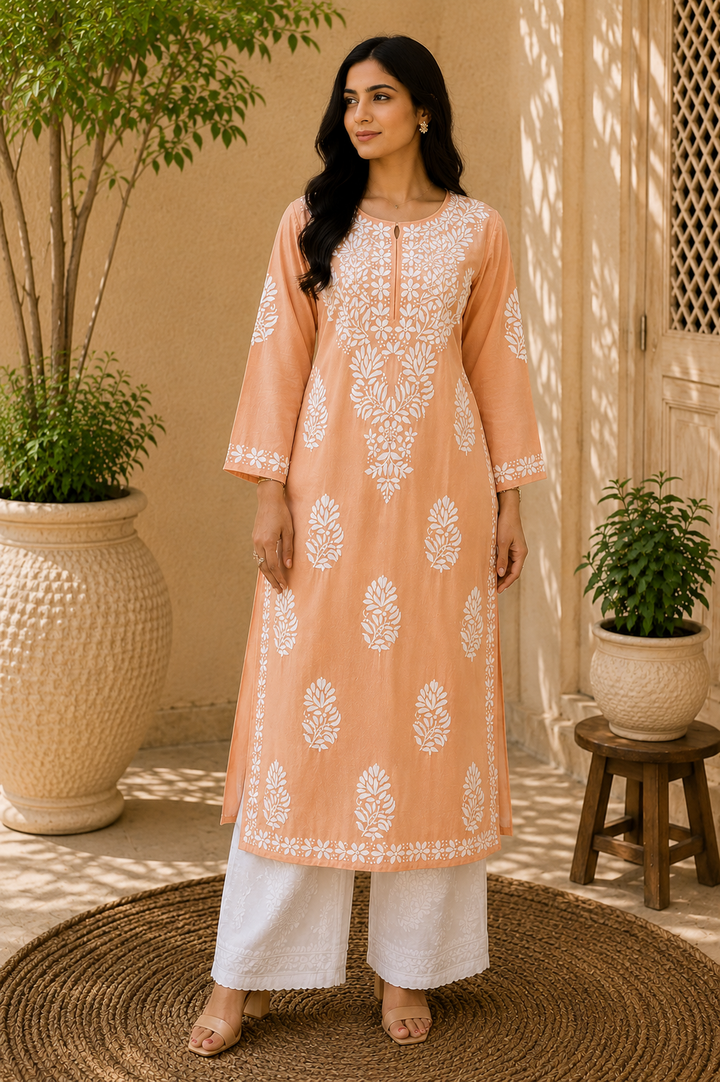 Kaira Modal Chikankari Hand Embroidered Women's Long Kurta - Light Peach