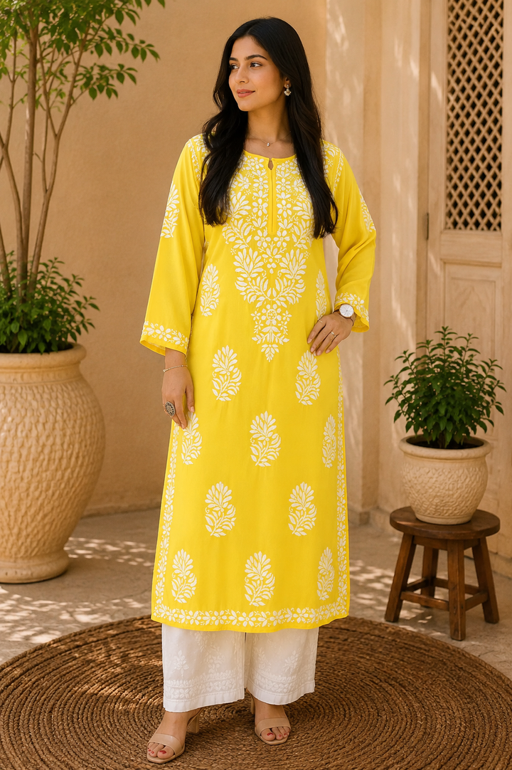 Kaira Modal Chikankari Hand Embroidered Women's Long Kurta - Yellow