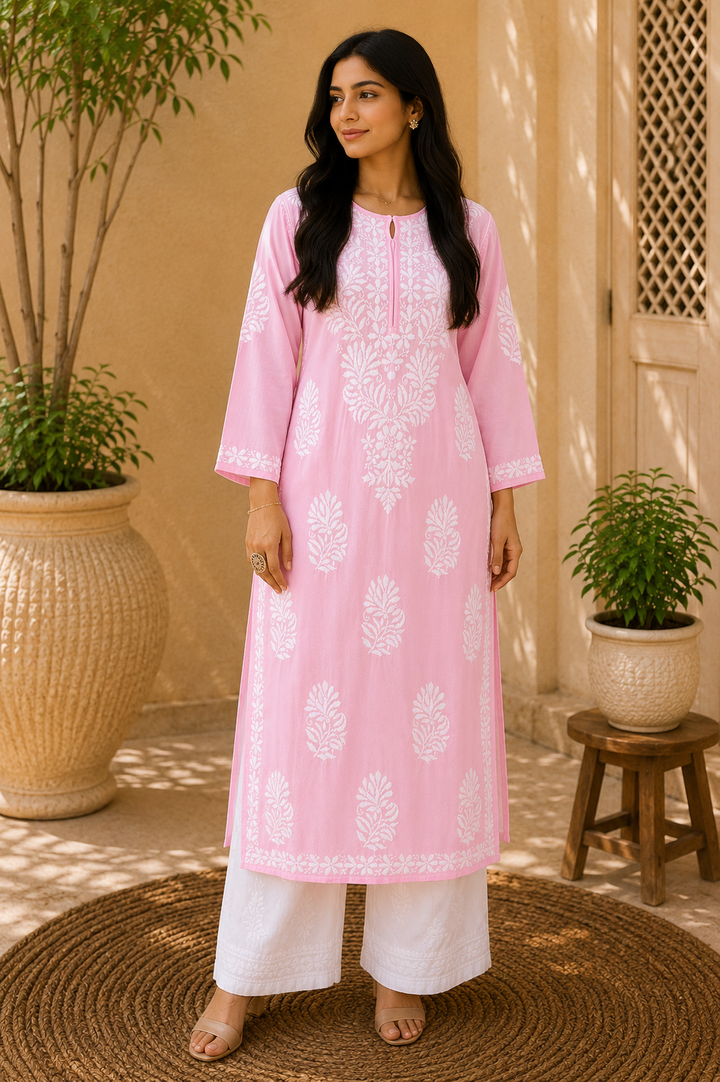 Kaira Modal Chikankari Hand Embroidered Women's Long Kurta - Baby Pink