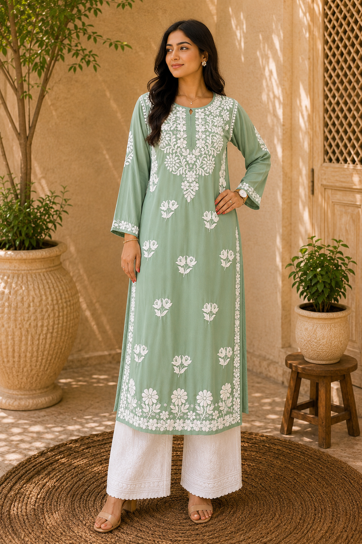 Bahar Premium Modal Chikankari Women's Long Solid Kurta - Army Green