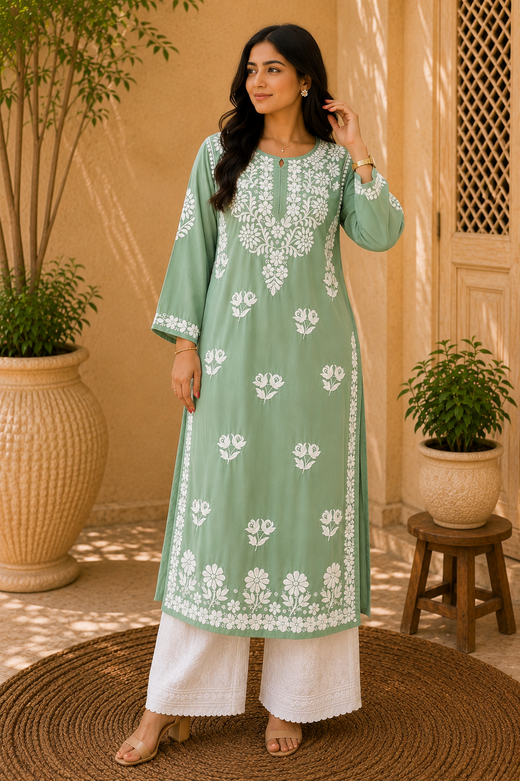 Bahar Premium Modal Chikankari Women's Long Solid Kurta - Army Green