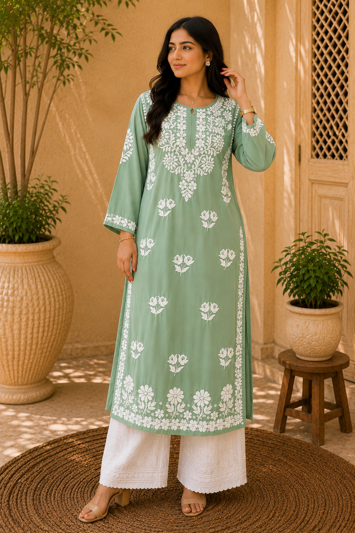 Bahar Premium Modal Chikankari Women's Long Solid Kurta - Army Green
