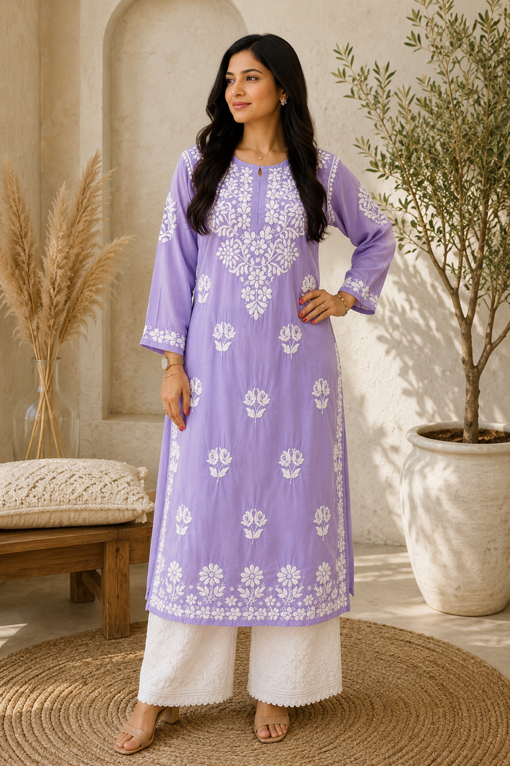 Bahar Premium Modal Chikankari Women's Long Solid Kurta - Lavender