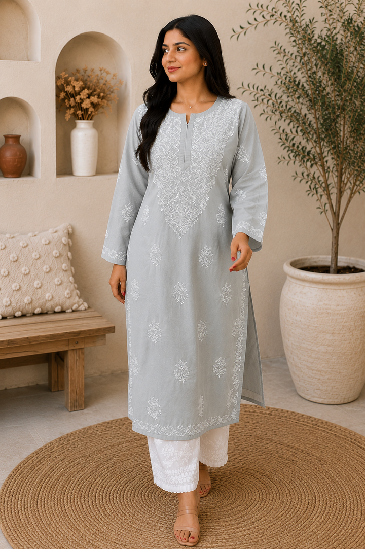 Bani Voil Cotton Chikankari Hand Embroidered Women's Solid Long Kurta - Grey