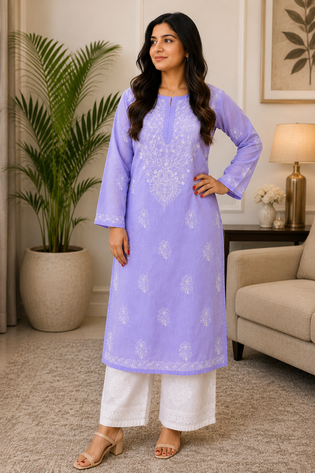 Bani Voil Cotton Chikankari Hand Embroidered Women's Solid Long Kurta - Lavender
