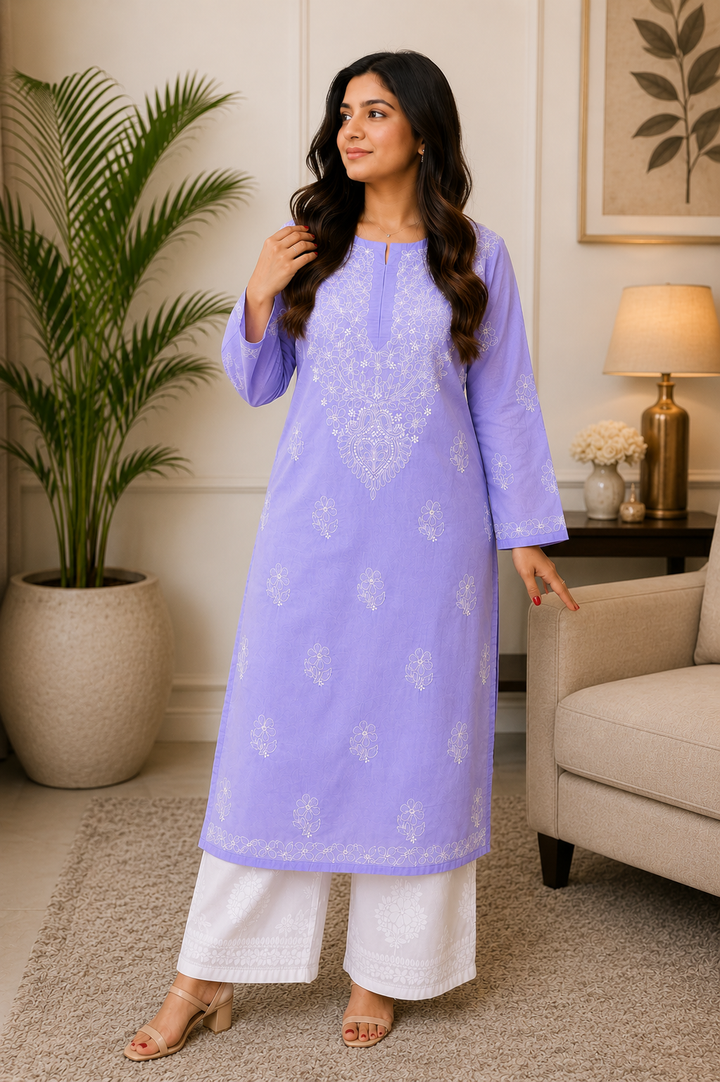 Bani Voil Cotton Chikankari Hand Embroidered Women's Solid Long Kurta - Lavender