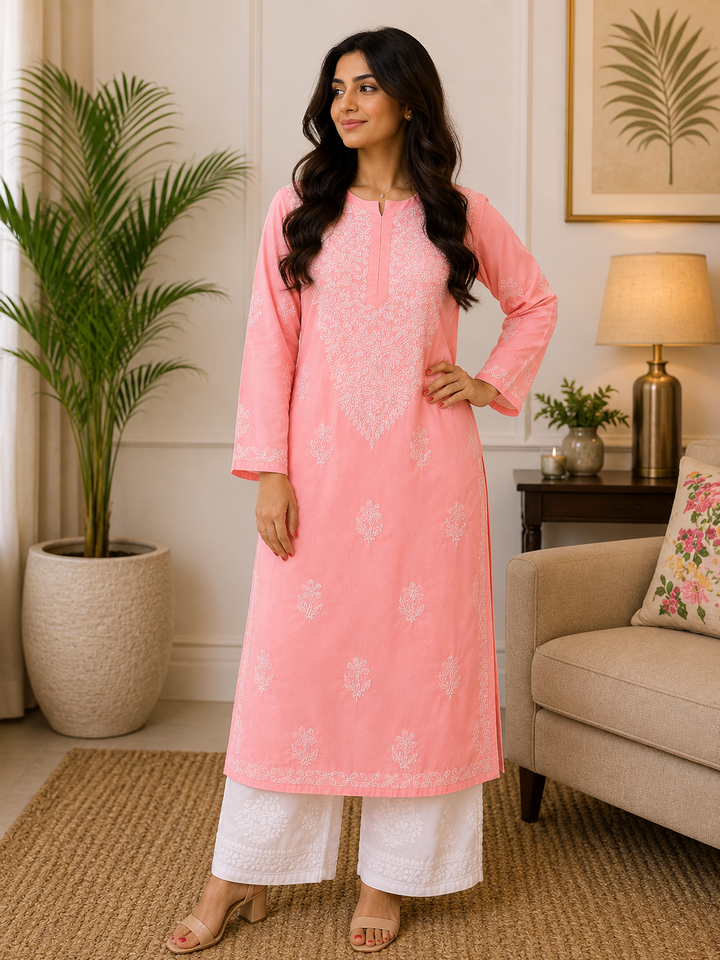 Bani Voil Cotton Chikankari Hand Embroidered Women's Solid Long Kurta - Peach