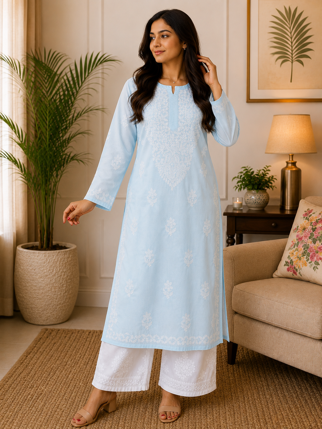 Bani Voil Cotton Chikankari Hand Embroidered Women's Solid Long Kurta - Sky