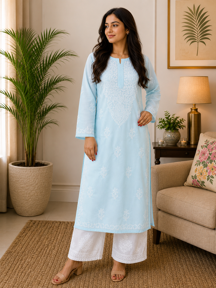 Bani Voil Cotton Chikankari Hand Embroidered Women's Solid Long Kurta - Sky