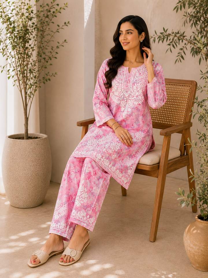 Vaani Mulmul 3D Chikankari Hand Embroidered Floral Women's co-ord set - Pink
