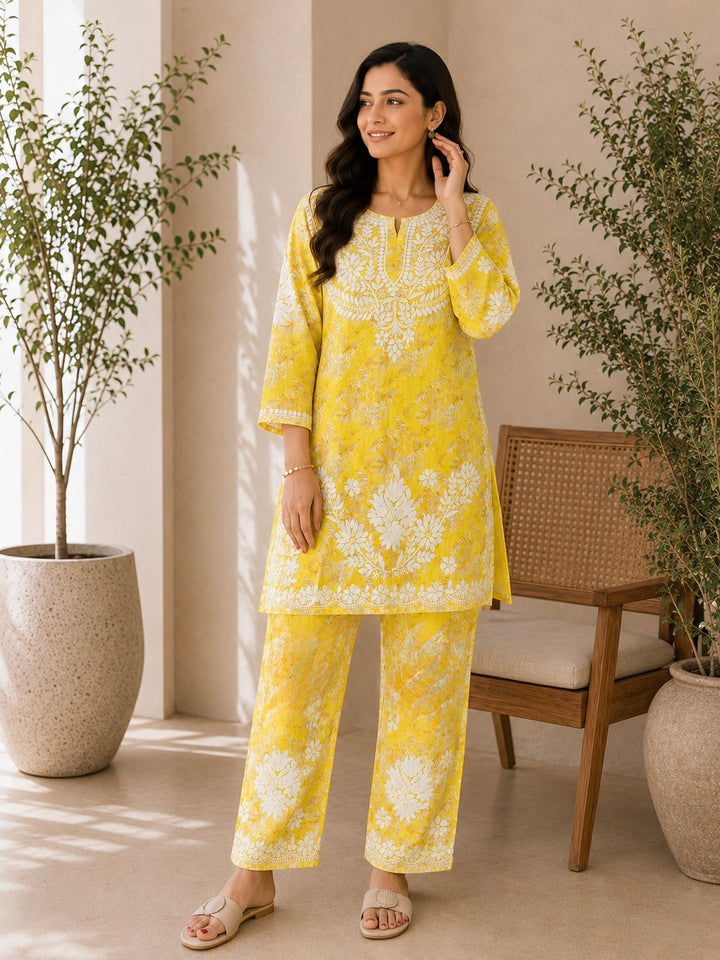 Vaani Mulmul 3D Chikankari Hand Embroidered Floral Women's co-ord set - Yellow