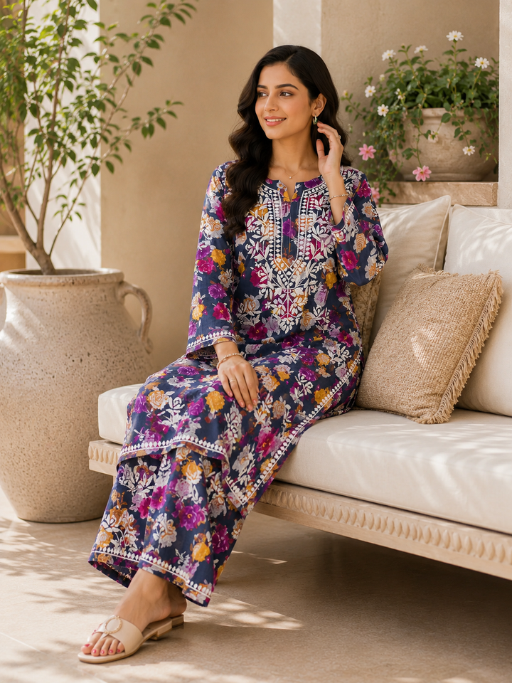 Diana Mulmul 3D Chikankari Floral Women's Long Kurta Palazzo Set - Charcoal