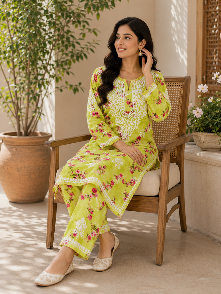 Diana Mulmul 3D Chikankari Floral Women's Long Kurta Palazzo Set - Green