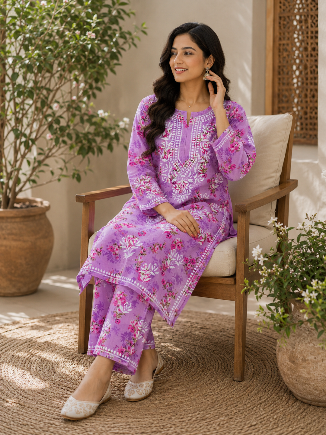 Diana Mulmul 3D Chikankari Floral Women's Long Kurta Palazzo Set - Lilac