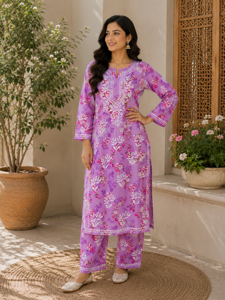 Diana Mulmul 3D Chikankari Floral Women's Long Kurta Palazzo Set - Lilac