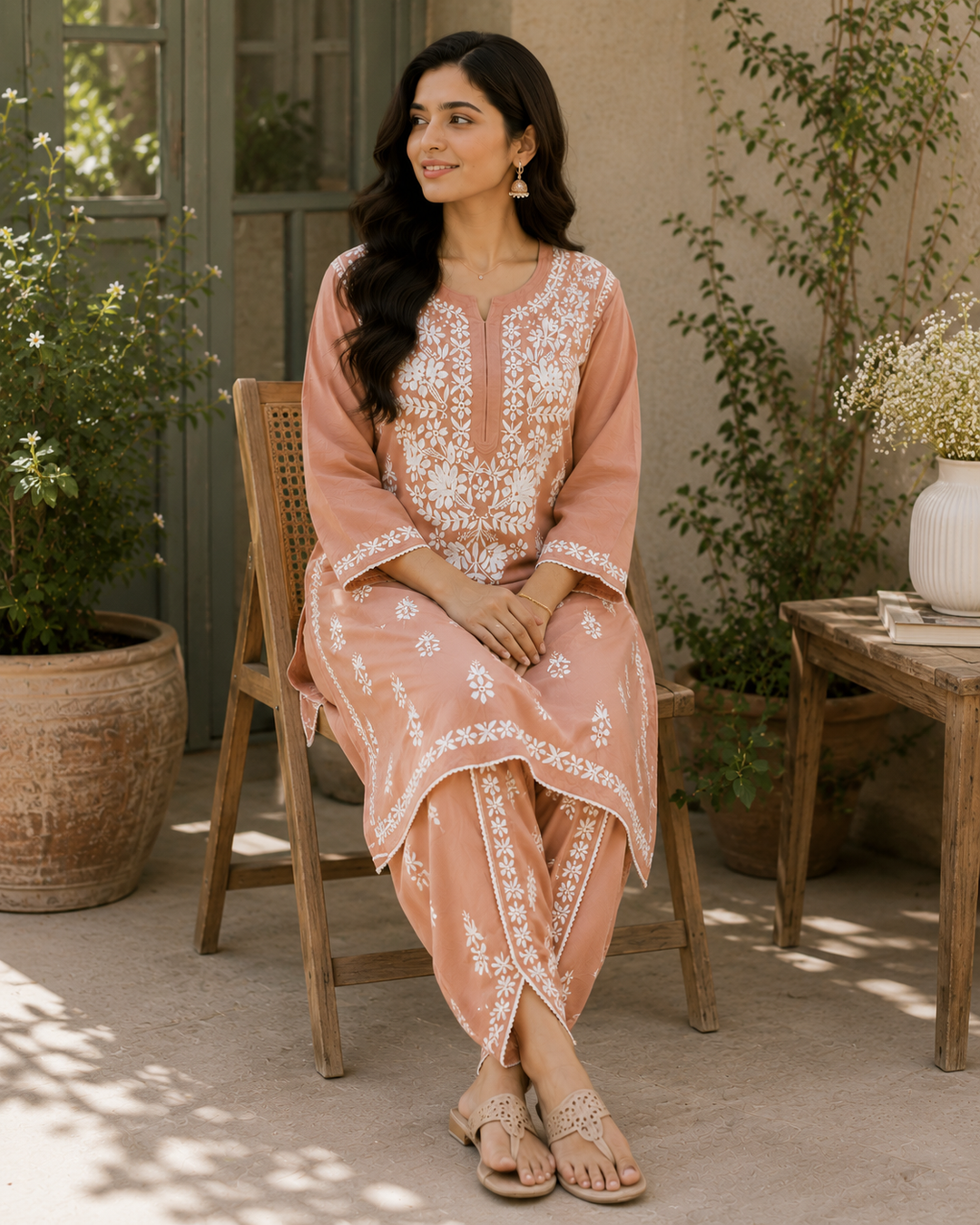Sangria Premium Rayon Chikankari Solid Women's Kurta-Dhoti Set - Light Brown