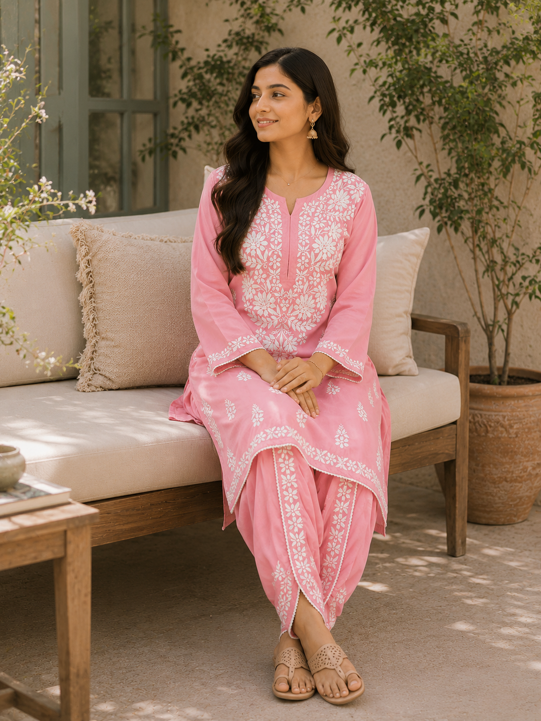 Sangria Premium Rayon Chikankari Solid Women's Kurta-Dhoti Set - Baby Pink
