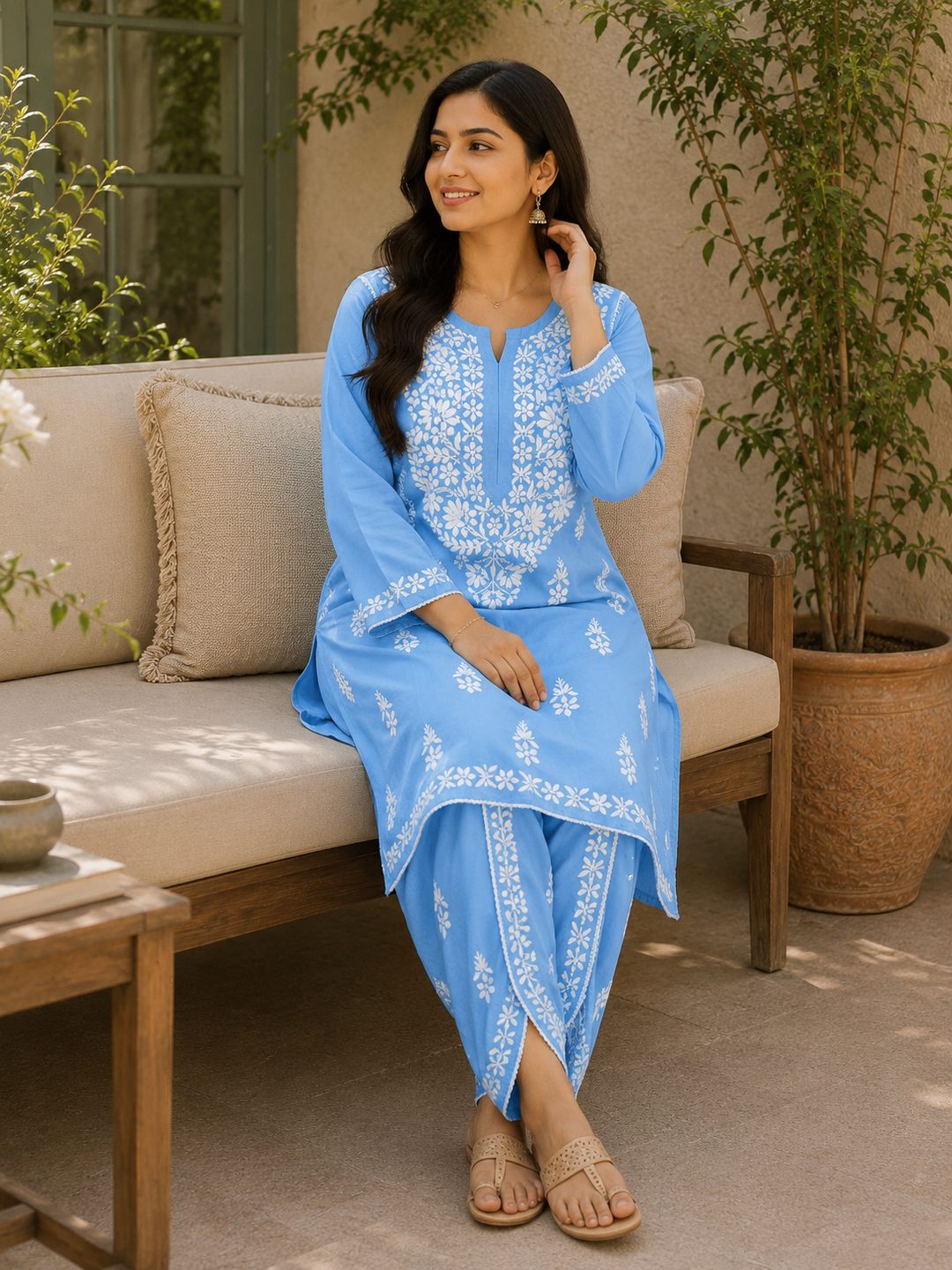 Sangria Premium Rayon Chikankari Solid Women's Kurta-Dhoti Set - Powder Blue